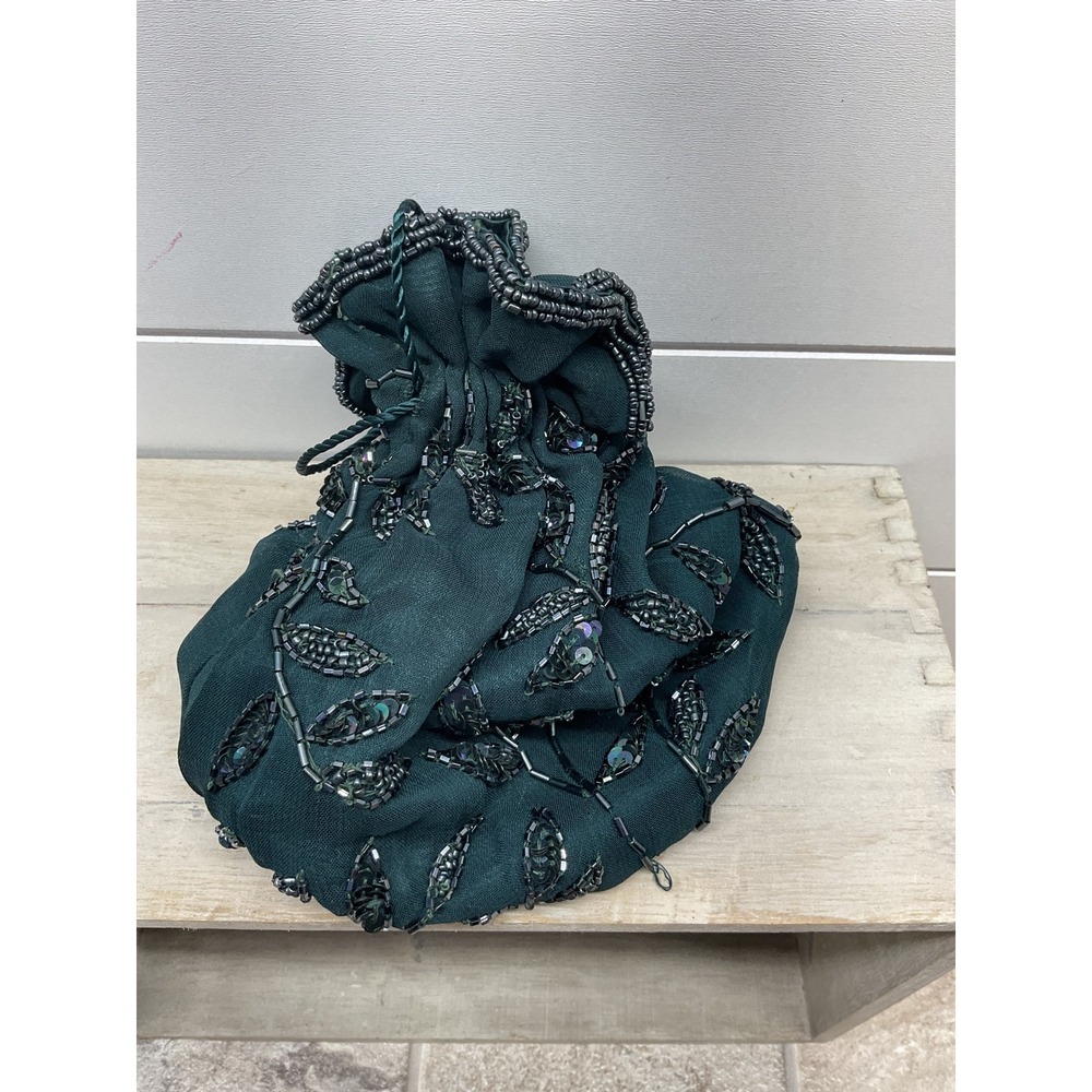 Accessorize Dark Green Beaded Leaf Drawstring Evening Pouch Bag Viscose